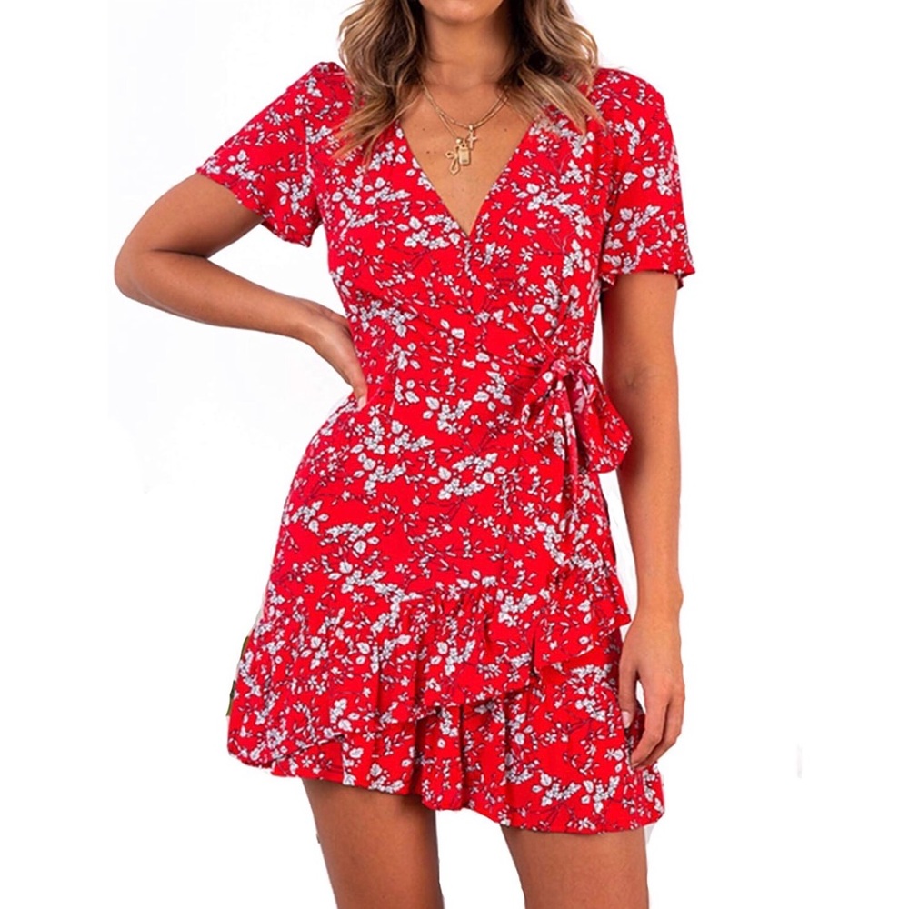 Short Sleeve Floral V Neck Casual Short Dress